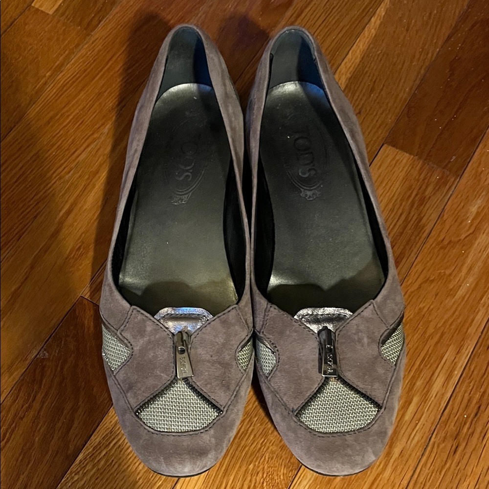 Tod's Taupe Suede Loafers with Mesh Insets, Italian size 9, fits USA 8 size
